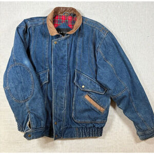 Vintage Context Jacket Mens 2XL Blue Denim Jean Red Plaid Lined Leather Trim